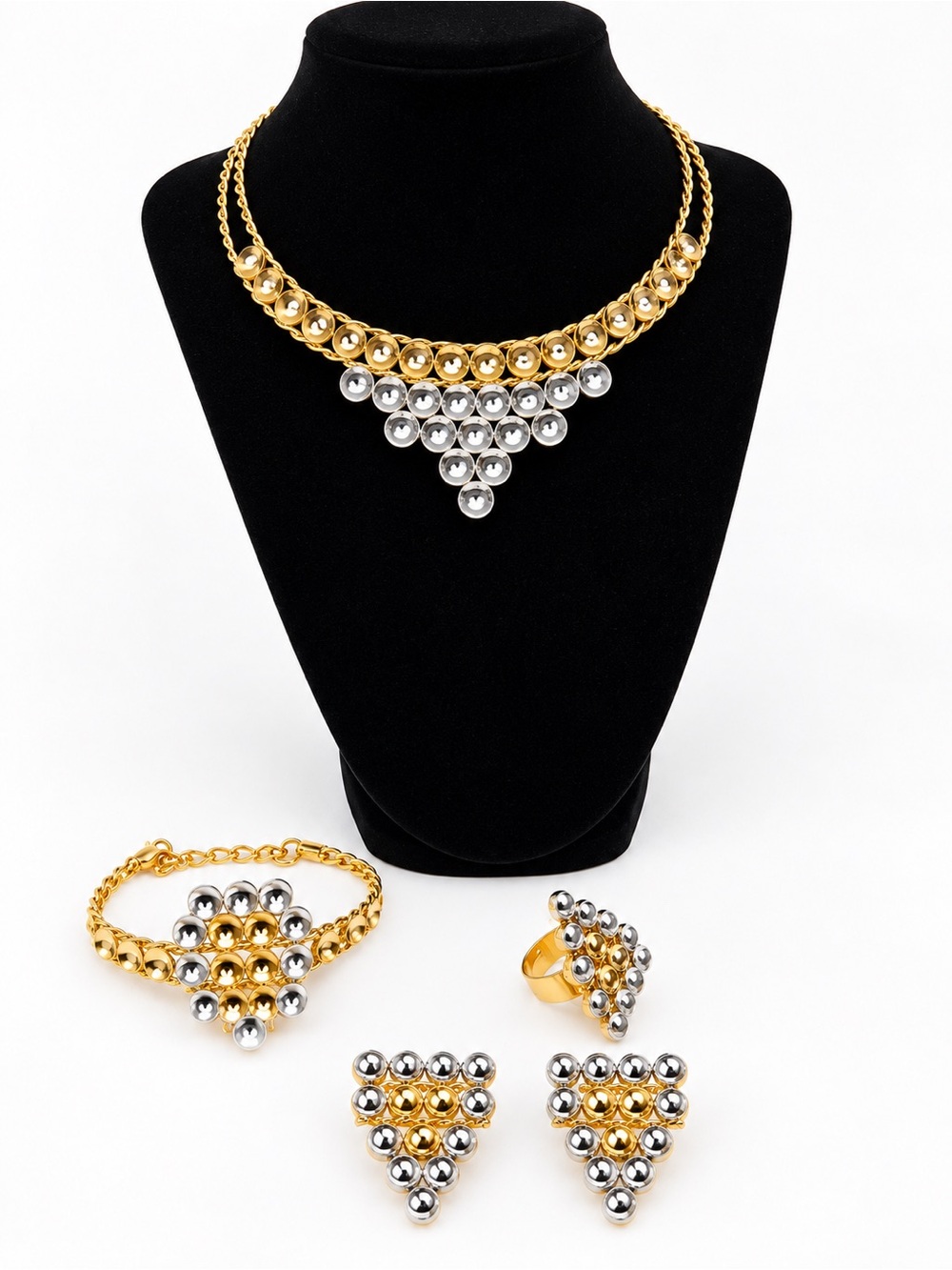 Gold and Silver Statement Triangle Necklace Set - Women Jewelry